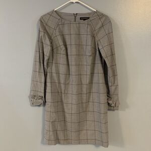Banana Republic Long Sleeve Dress Grey Window Plaid Work Office Silk Size 0